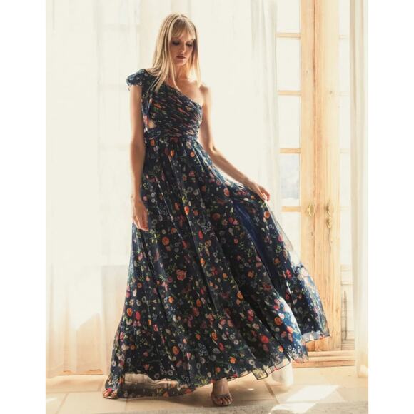 MAC DUGGAL Navy One Shoulder Cutout Floral Gown Floral Prom Formal Dress Size 0 - Picture 3 of 16